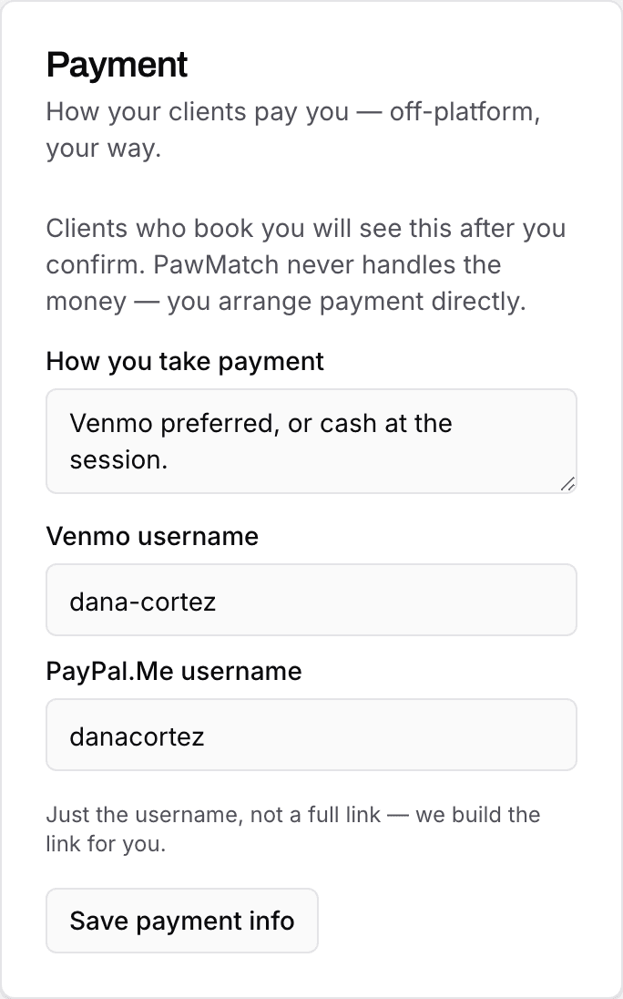 A trainer's payment card: clients pay directly, PawMatch never handles the money