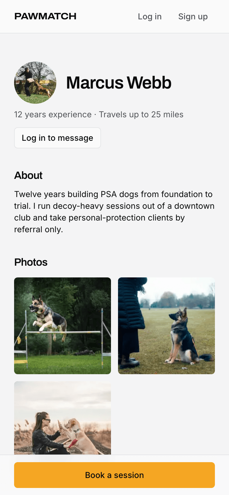 A trainer profile on PawMatch with the trainer's photo, bio, and photos of their training work