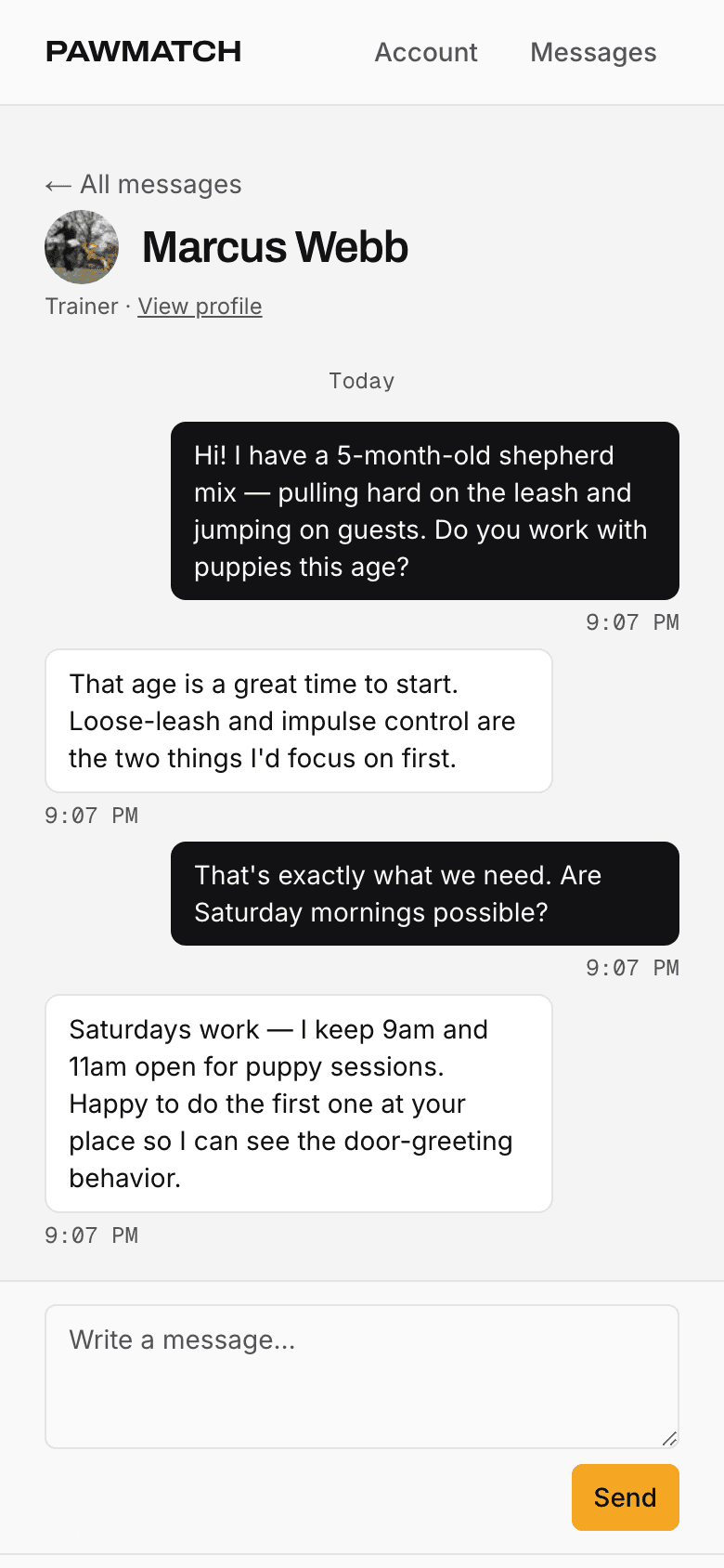 A message conversation between an owner and a trainer on PawMatch, with the trainer's photo in the header